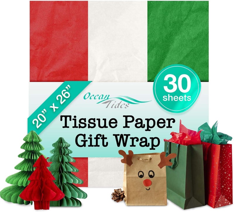 Ocean Tides Premium 30 Sheets (20x26 Inches) Valentine’s Wrapping Paper – Gift Wrapping Tissue Paper Bulk for Romantic Gifts & Birthdays – Colored Tissue Papers for Gift Bags, Red, White, Green - Image 1